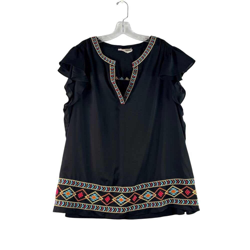 Savanna Jane Short Sleeve Geometric Southwest Embroidered Blouse Black Womens 2X